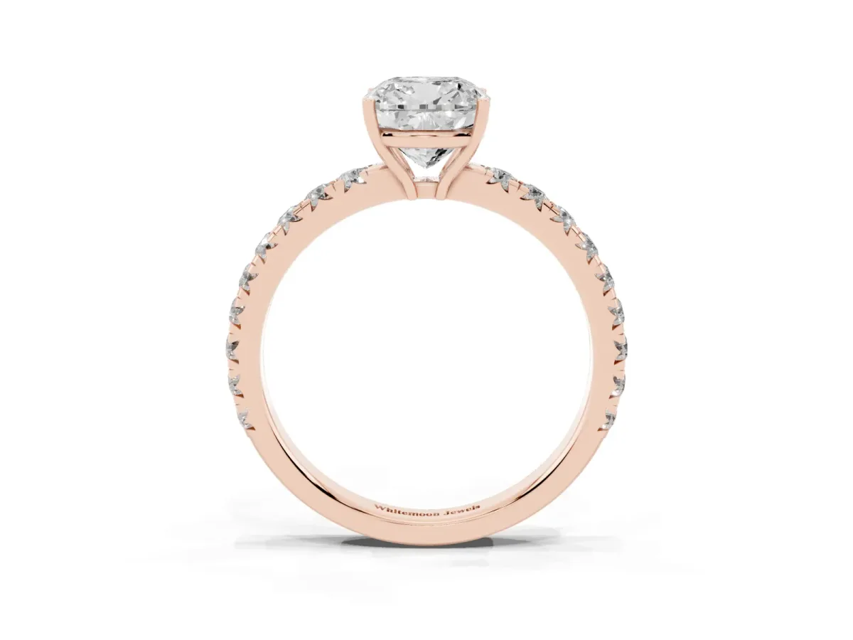 Cushion Cut Diamond Pavé Solitaire Engagement Ring with Four-Prong Setting Rose gold