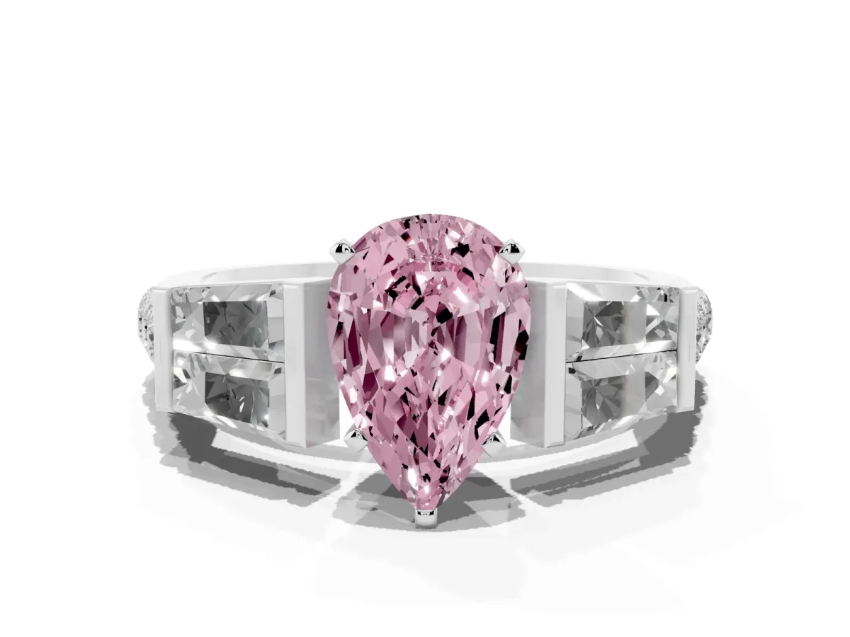 Fancy Pink Pear Cut Diamond Engagement Ring with Baguette Side Stones and Channel Set Band Platinum