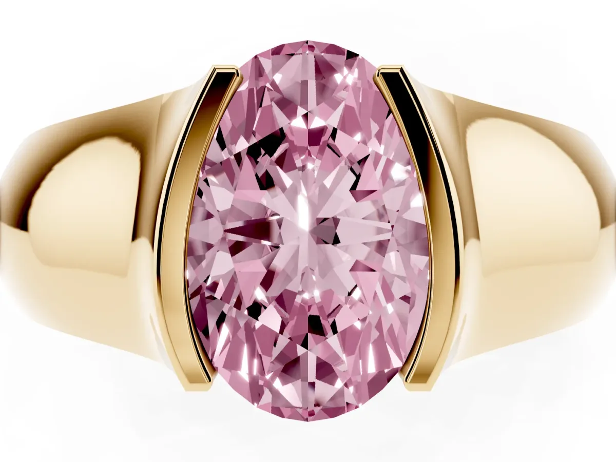 Fancy Pink Oval Cut Solitaire Bezel Set Diamond Ring with Wide Band Yellow gold