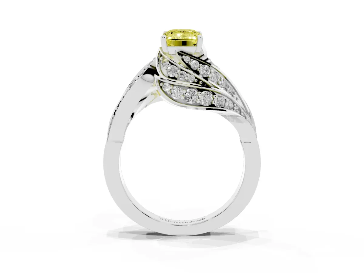Fancy Yellow Emerald Cut Diamond Solitaire Ring with Prong Setting and Twisted Pavé Band Silver