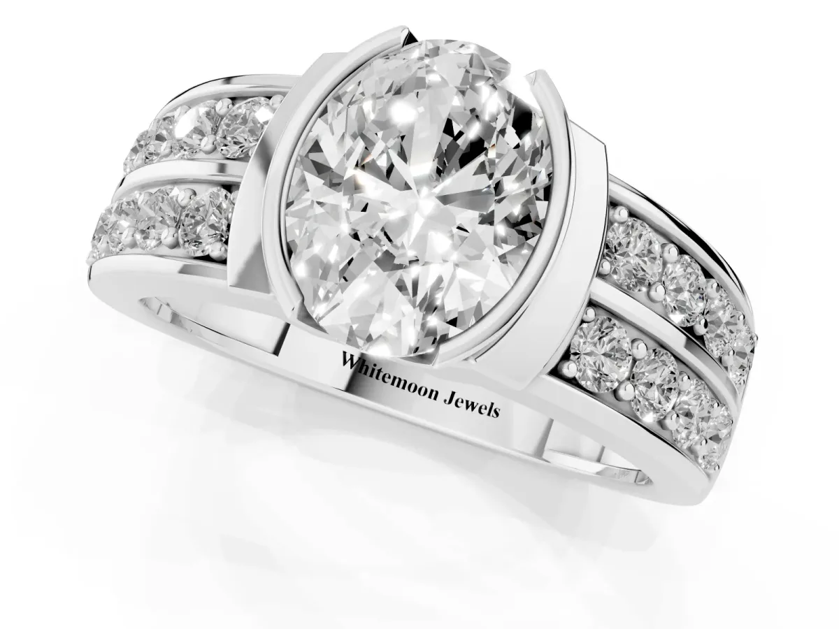 Oval Cut Brilliant Diamond Channel Set Wide Band Ring with Bezel Setting Platinum