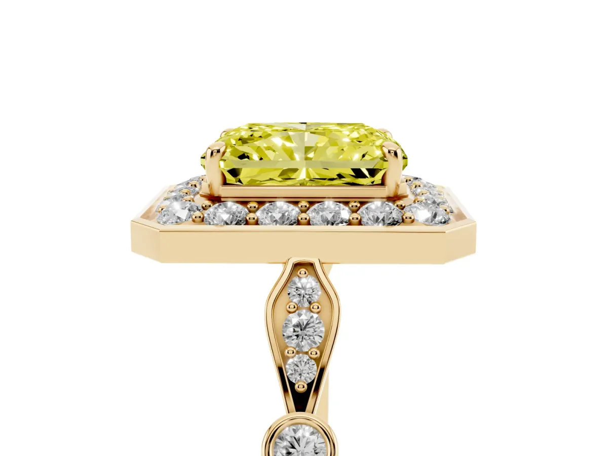 Fancy Yellow Radiant Cut Halo Diamond Engagement Ring with Twisted Band and Four-Prong Setting Yellow gold