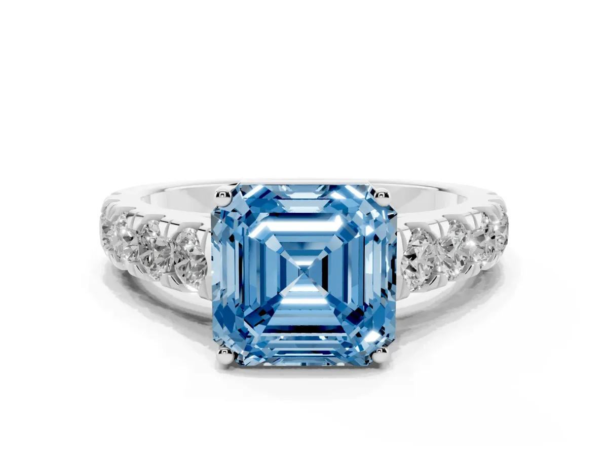 Fancy Blue Asscher Cut Cut Diamond Solitaire Ring with Micro Pave Band and Prong Setting Silver