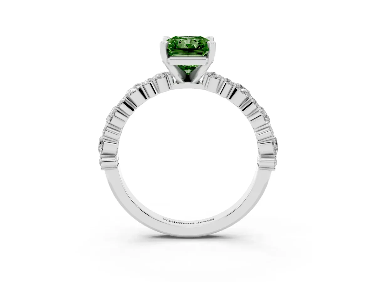 Fancy Green Radiant Cut Diamond Side Stone Solitaire Ring with Round and Four-Prong Setting Silver