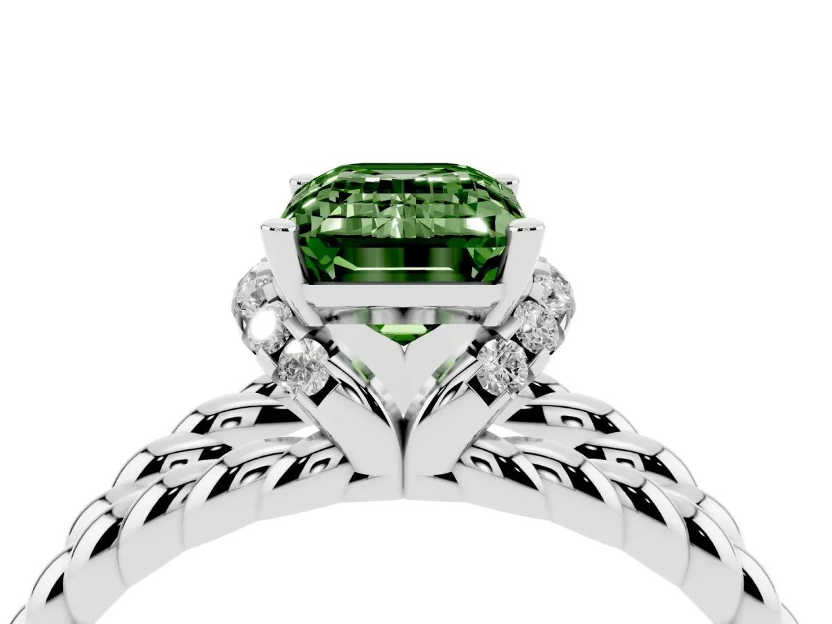 Fancy Green Emerald Cut Halo Twisted Band Four-Prong Ring Silver