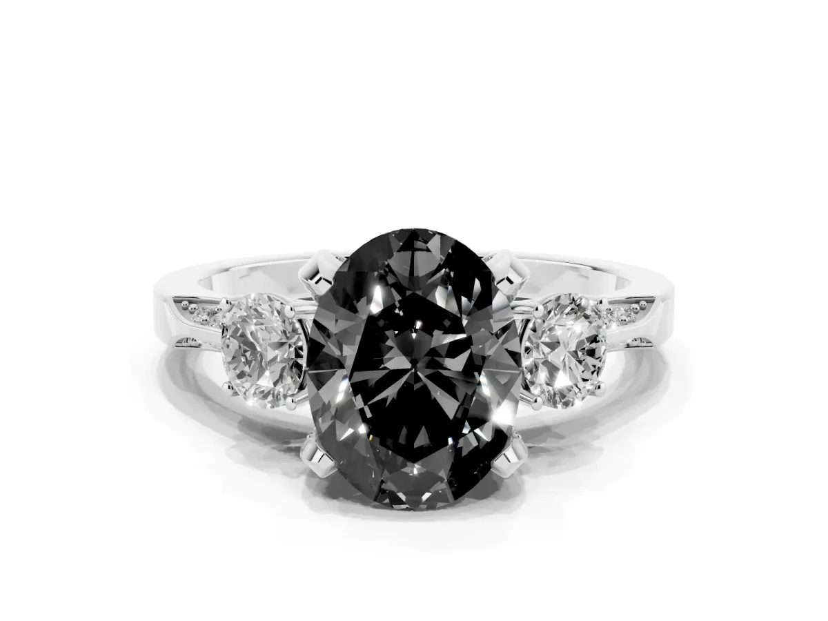Fancy Black Oval Cut Brilliant Three-Stone Diamond Ring with Pavé Band and Four-Prong Setting White gold