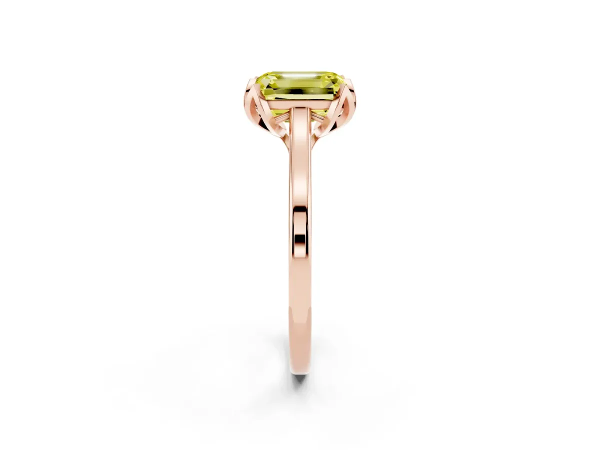 Fancy Yellow Emerald Cut Diamond Solitaire Ring with Flower Prong Setting and Classic Band Rose gold