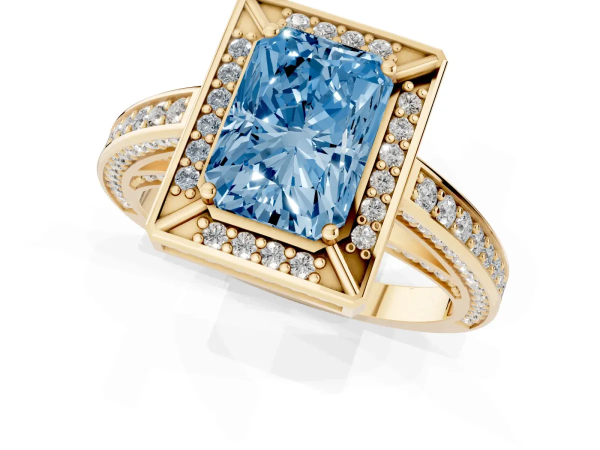 Fancy Blue Radiant Cut Cut Halo Pave Split Shank Prong Setting Ring Yellow gold