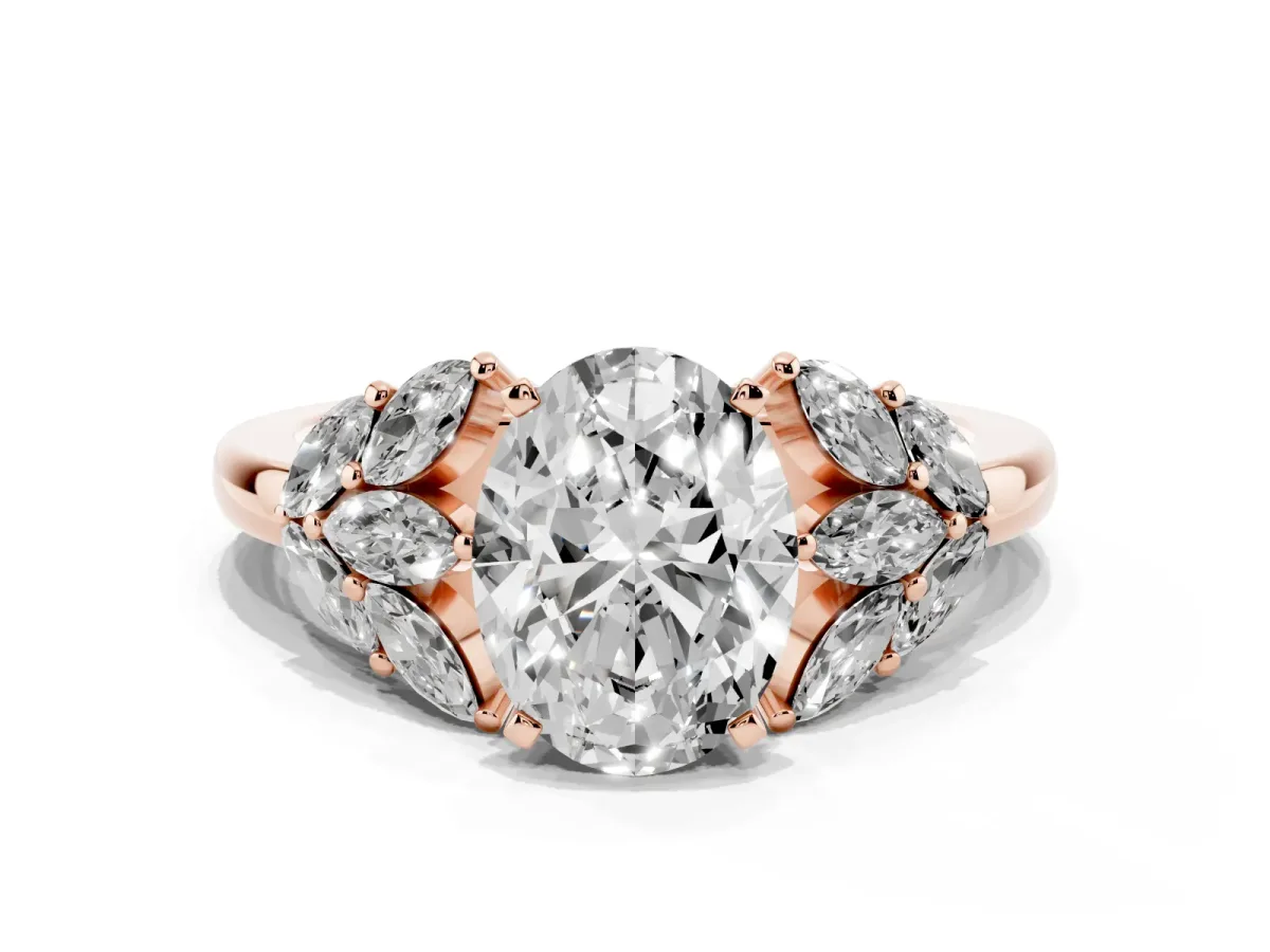 Oval Cut Diamond Cluster Leaf Design Ring with Prong Setting Rose gold