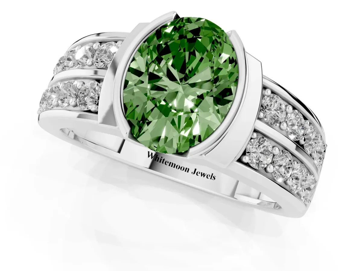 Fancy Green Oval Cut Brilliant Diamond Channel Set Wide Band Ring with Bezel Setting Platinum