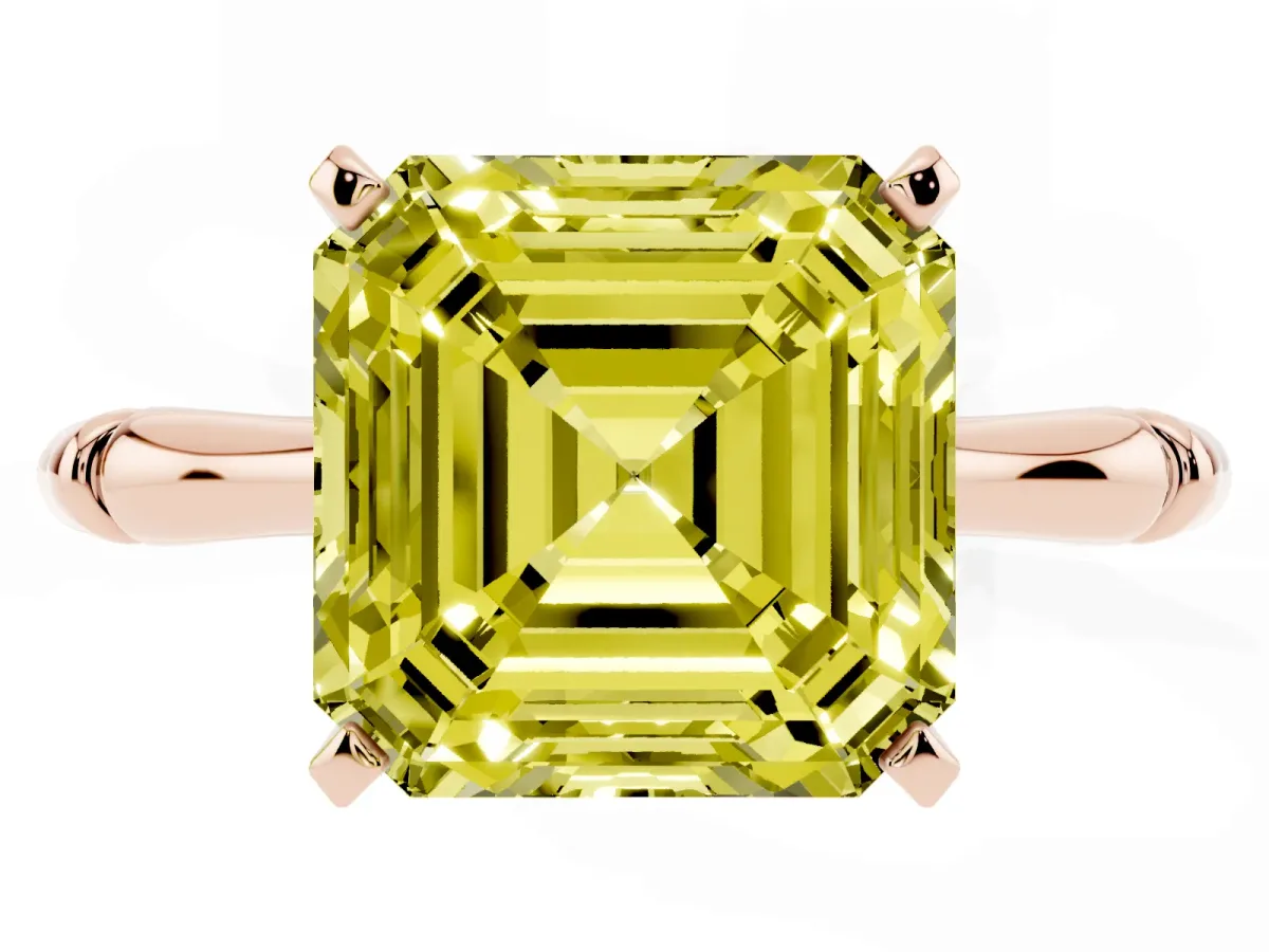Fancy Yellow Asscher Cut Solitaire Diamond Ring with Bamboo Band and Four-Prong Setting Rose gold