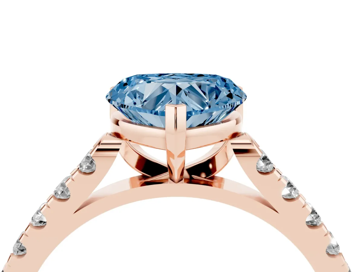 Fancy Blue Heart Cut Diamond Pavé Band Solitaire Ring with Prong Setting Rose gold