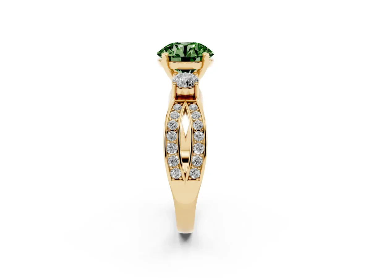 Fancy Green Three-Stone Round Cut Cut Diamond Twist Band with Prong Setting Yellow gold