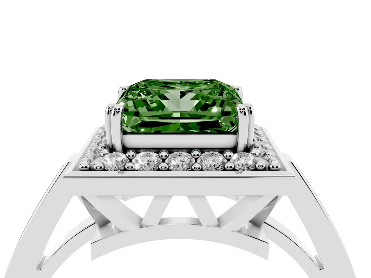Fancy Green Princess Cut Diamond Halo Ring with Split Shank and Four-Prong Setting Silver