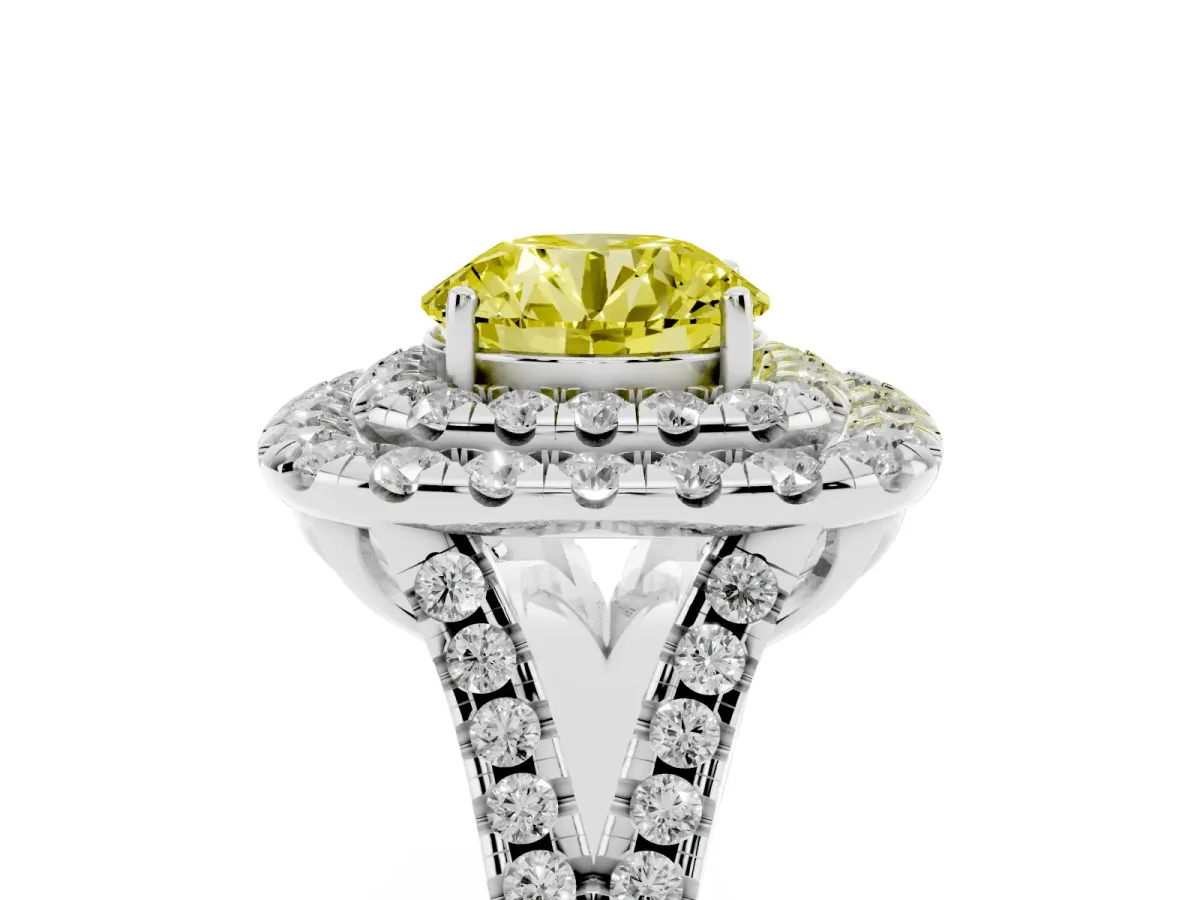 Fancy Yellow Double Halo Round Cut Diamond Pavé Split Shank Ring with Prong Setting Platinum