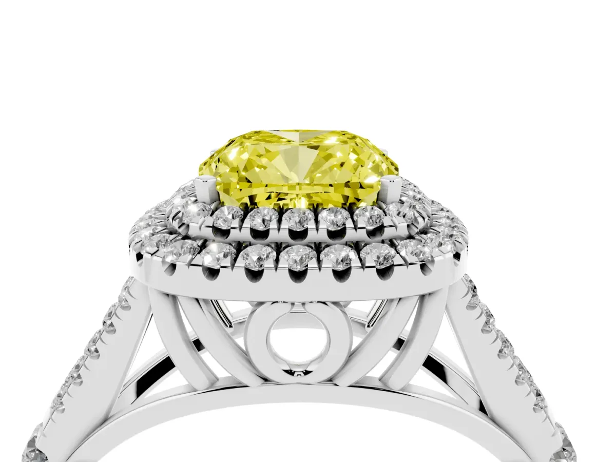 Fancy Yellow Cushion Cut Diamond Pavé Split Shank Double Halo Engagement Ring Silver