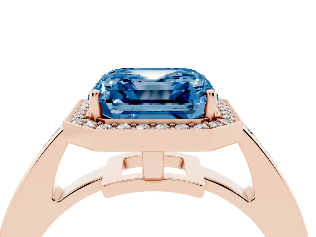 Fancy Blue Asscher Cut Halo Pavé Diamond Engagement Ring with Bezel Setting Rose gold