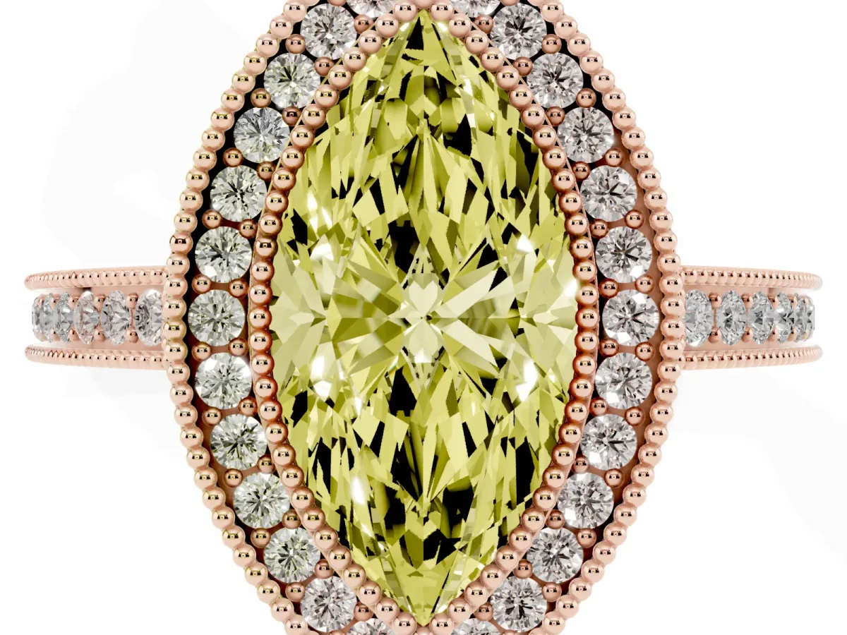 Fancy Yellow Marquise Cut Cut Halo Diamond Ring with Pavé Band and Milgrain Prong Setting Rose gold
