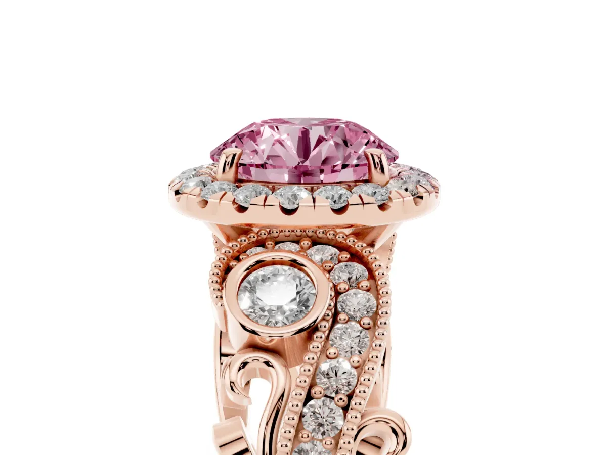 Fancy Pink Round Cut Halo Diamond Ring with Milgrain and Bezel Accents on a Split Shank Band Rose gold