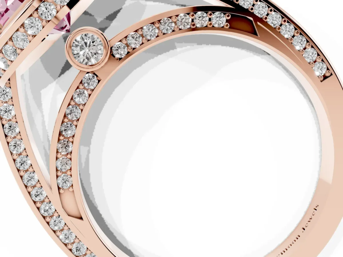 Fancy Pink Round Cut Cut Halo Pave Split Shank Prong Setting Ring Rose gold