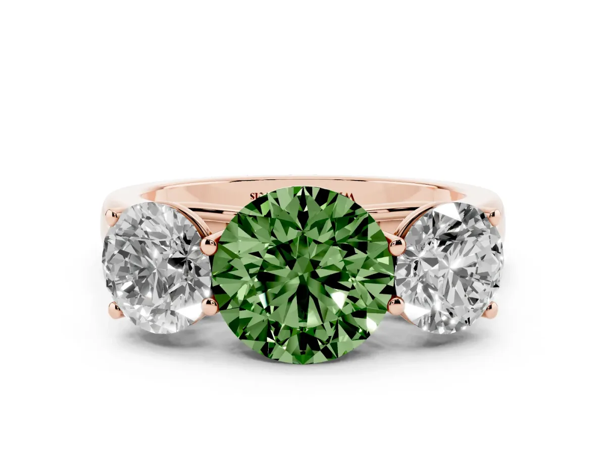 Fancy Green Round Cut Three-Stone Diamond Ring with Prong Setting on a Classic Band Rose gold