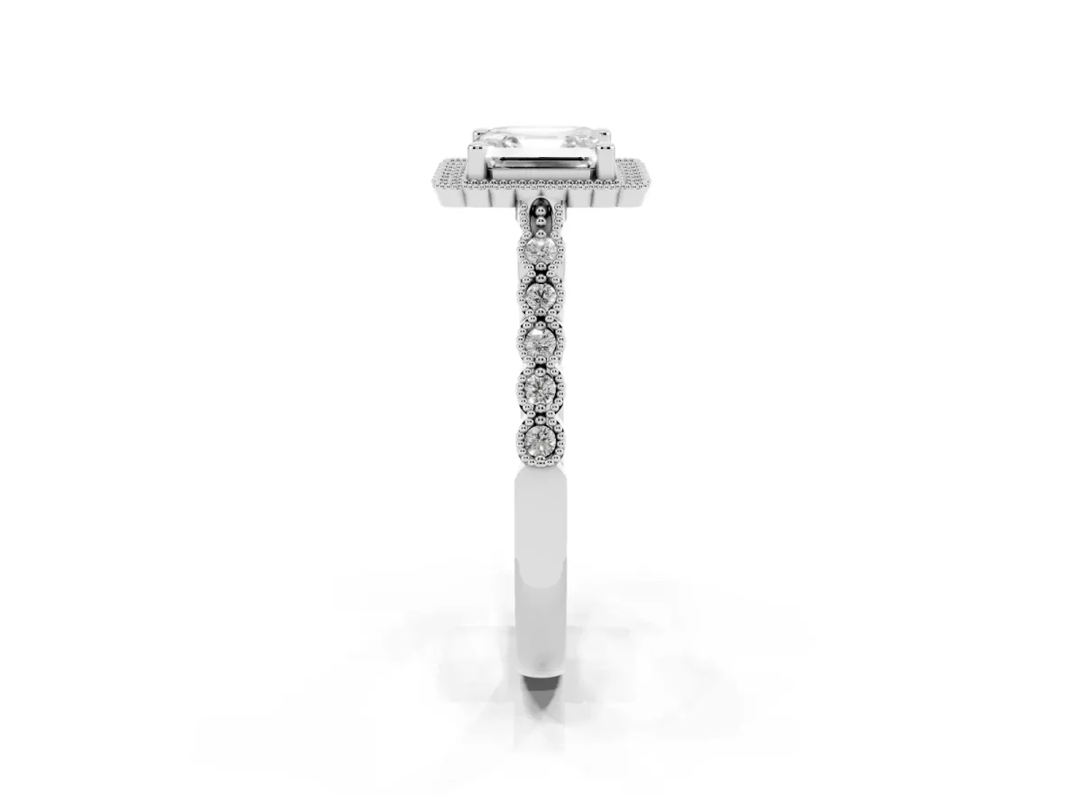 Asscher Cut Cut Halo Pavé Solitaire Ring with Milgrain Band Silver