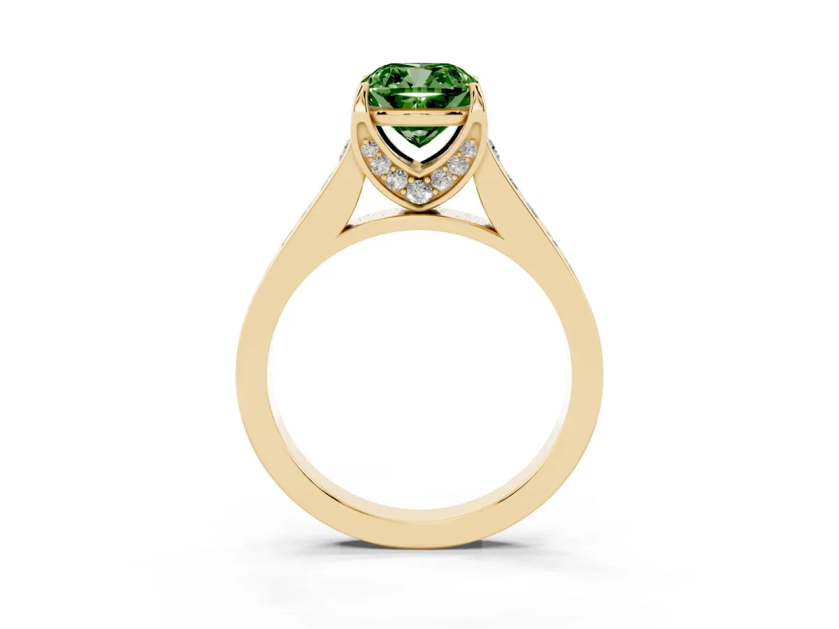 Fancy Green Cushion Cut Brilliant Cut Diamond Engagement Ring with Pavé Band and Four-Prong Setting Yellow gold