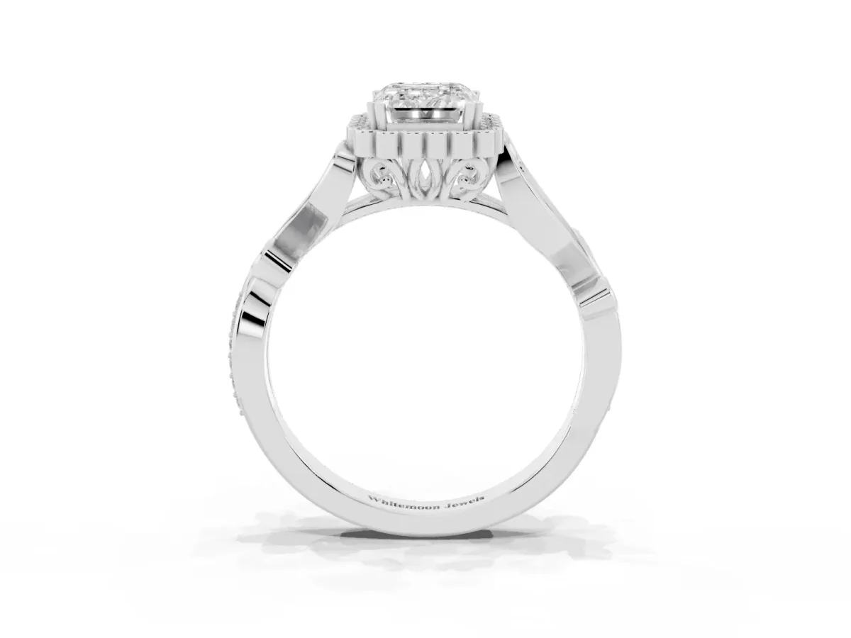Emerald Cut Diamond Halo Ring with Vintage Split Shank and Four-Prong Setting Silver