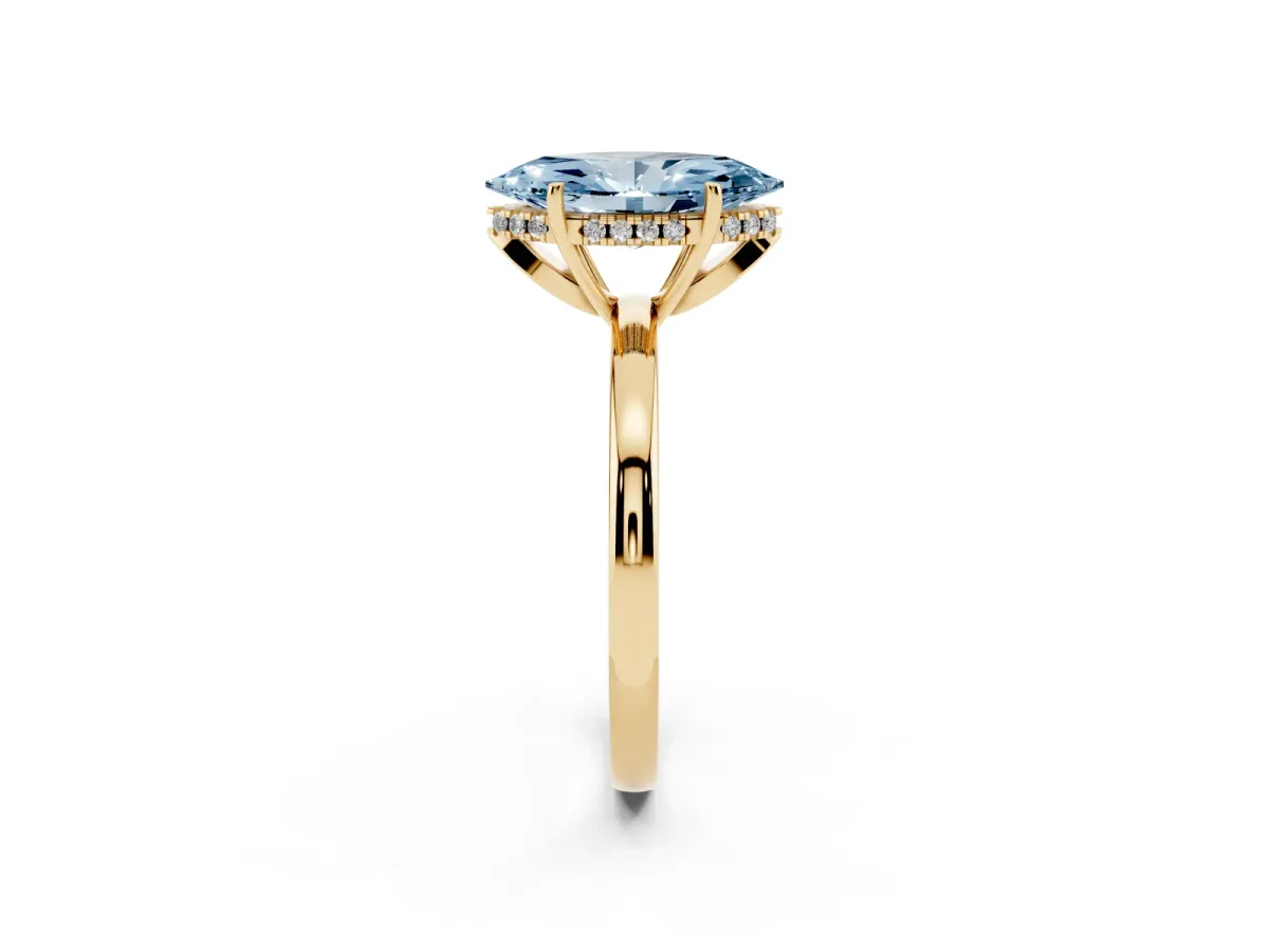 Fancy Blue Marquise Cut Solitaire Diamond Ring with Prong Setting and Plain Band Yellow gold
