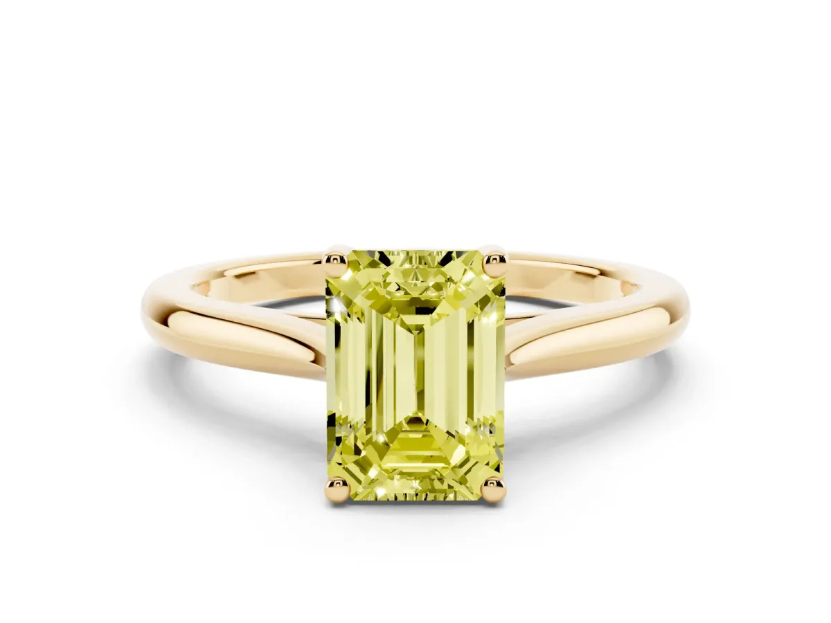Fancy Yellow Emerald Cut Cut Solitaire Ring with Cathedral Band and Four-Prong Setting Yellow gold