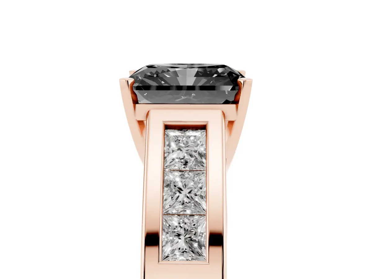 Fancy Black Radiant Cut Cut Channel Set Solitaire Ring with Four-Prong Setting Rose gold