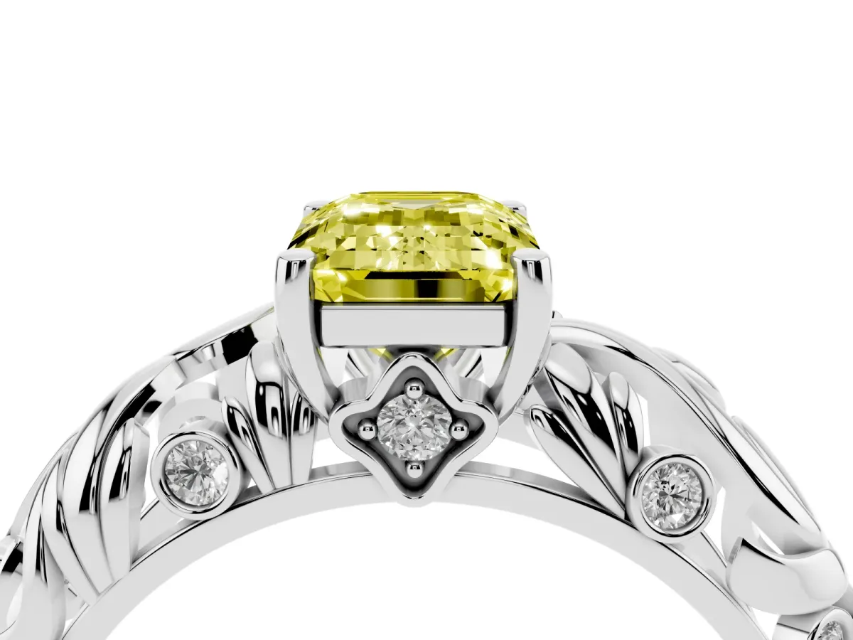 Fancy Yellow Emerald Cut Solitaire Diamond Leaf-Inspired Vine Band Ring with Prong Setting White gold