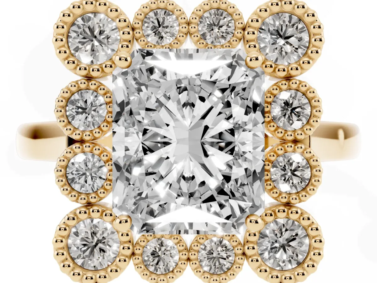 Radiant Cut Halo Diamond Cluster Engagement Ring with Milgrain Bezel Setting and Solitaire Band Yellow gold