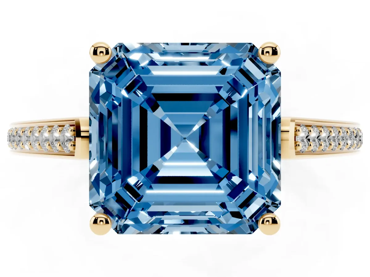 Fancy Blue Asscher Cut Cut Cathedral Pave Diamond Engagement Ring with Six-Prong Setting Yellow gold