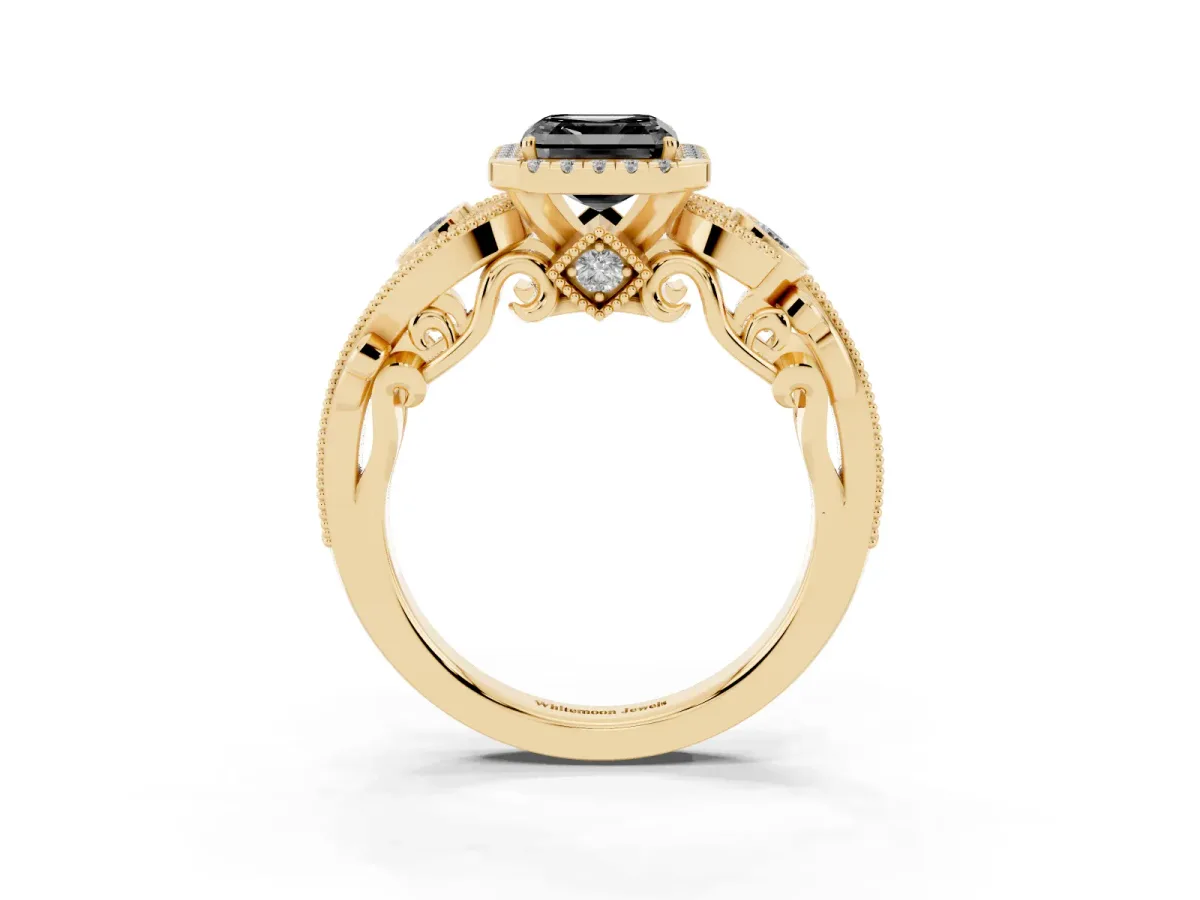 Fancy Black Asscher Cut Halo Diamond Ring with Milgrain and Bezel Accents on a Split Shank Band Yellow gold