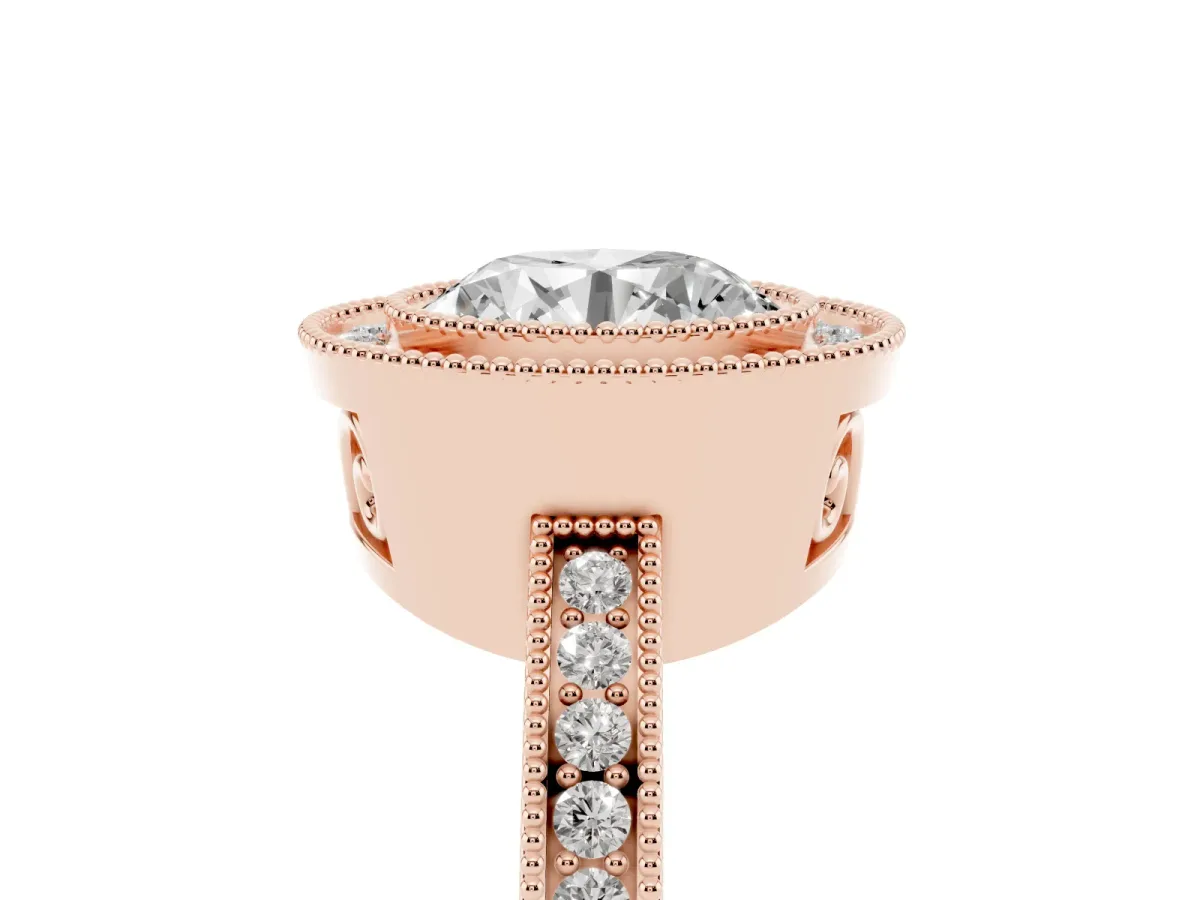 Round Cut Cut Halo Diamond Ring with Pavé Band and Milgrain Prong Setting Rose gold