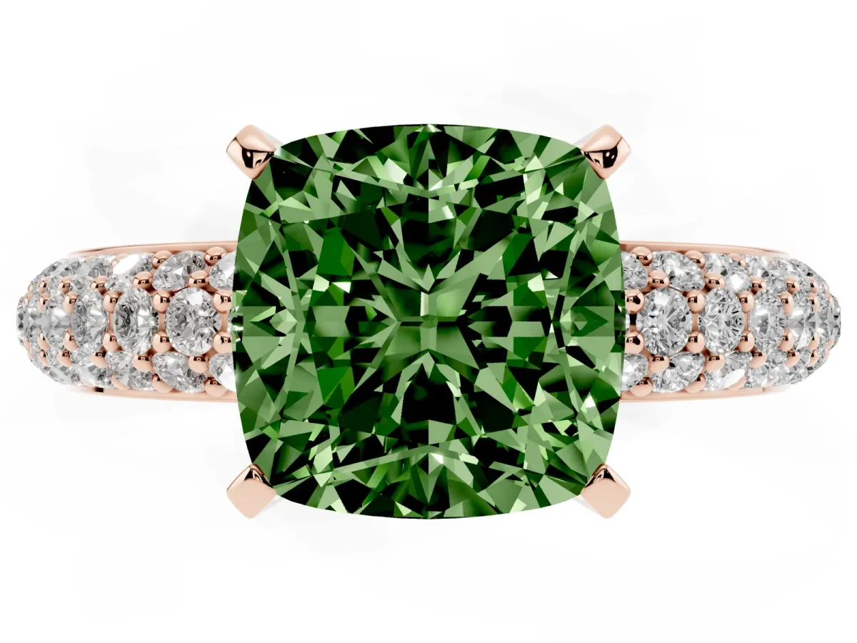 Fancy Green Cushion Cut Diamond Solitaire Ring with Prong Setting and Pavé Band Rose gold