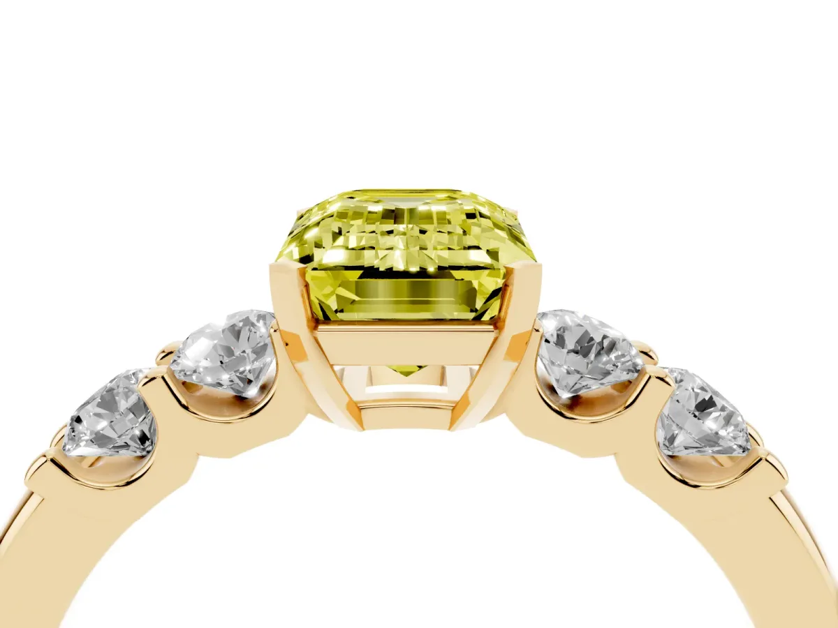 Fancy Yellow Emerald Cut Brilliant Cut Diamond Five-Stone Prong Set Engagement Ring with Channel Band Yellow gold