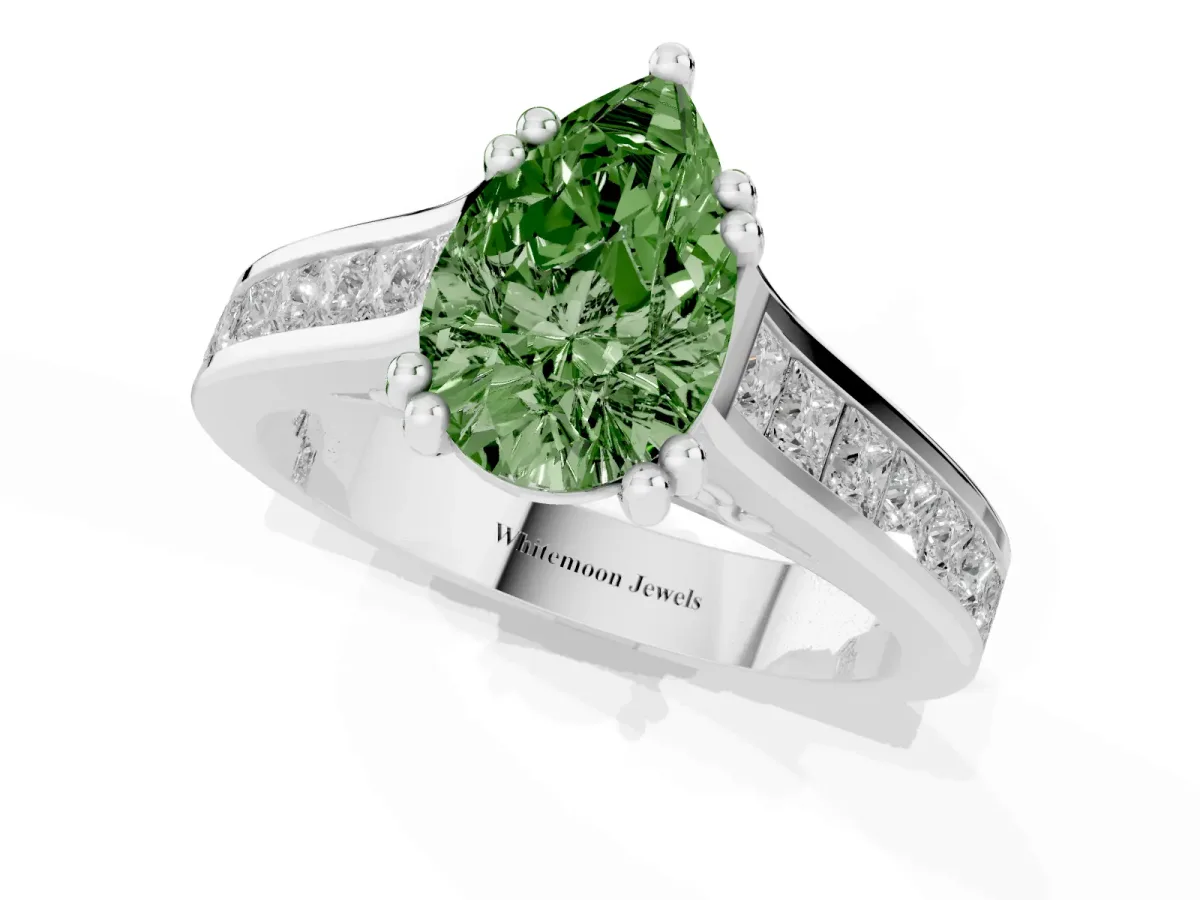 Fancy Green Pear Cut Cut Channel Set Solitaire Engagement Ring with Prong Setting Platinum