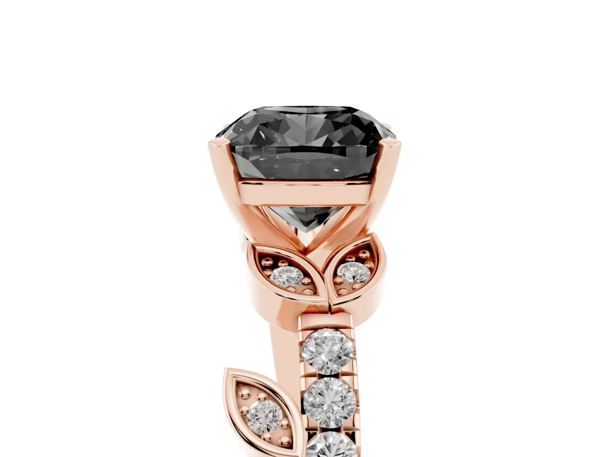 Fancy Black Cushion Cut Solitaire Leaf-Inspired Diamond Ring with Pavé Band and Four-Prong Setting Rose gold
