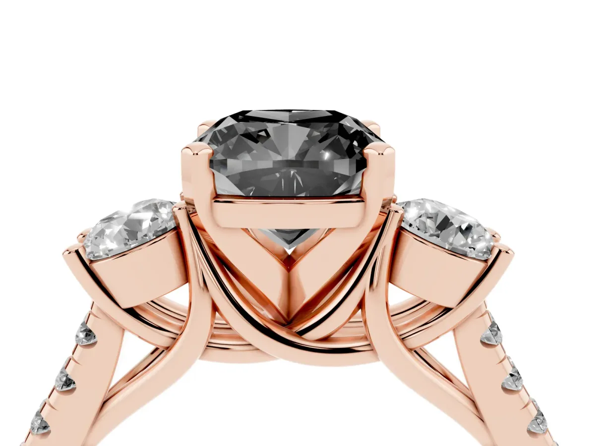 Fancy Black Three-Stone Cushion Cut Diamond Pavé Band with Four-Prong Setting Rose gold