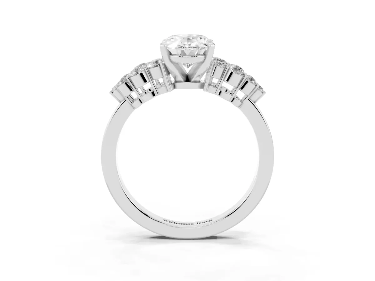 Oval Cut Cluster Diamond Engagement Ring with Pavé Band and Four-Prong Setting Silver