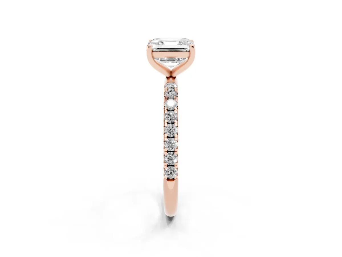 Asscher Cut Cut Diamond Solitaire Ring with Micro Pave Band and Four Prong Setting Rose gold