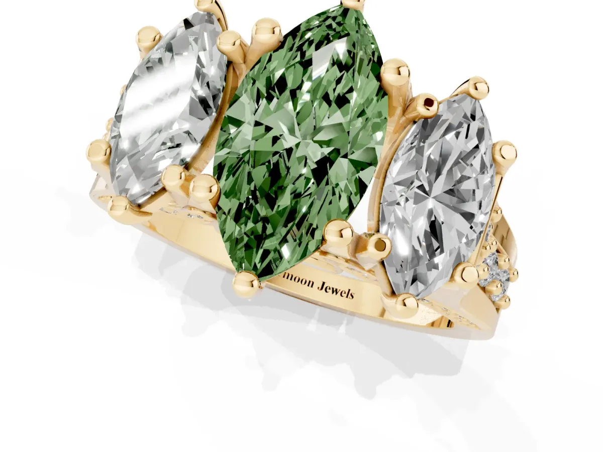 Fancy Green Marquise Cut Diamond Three-Stone Ring with Channel Set Band and Four-Prong Setting Yellow gold