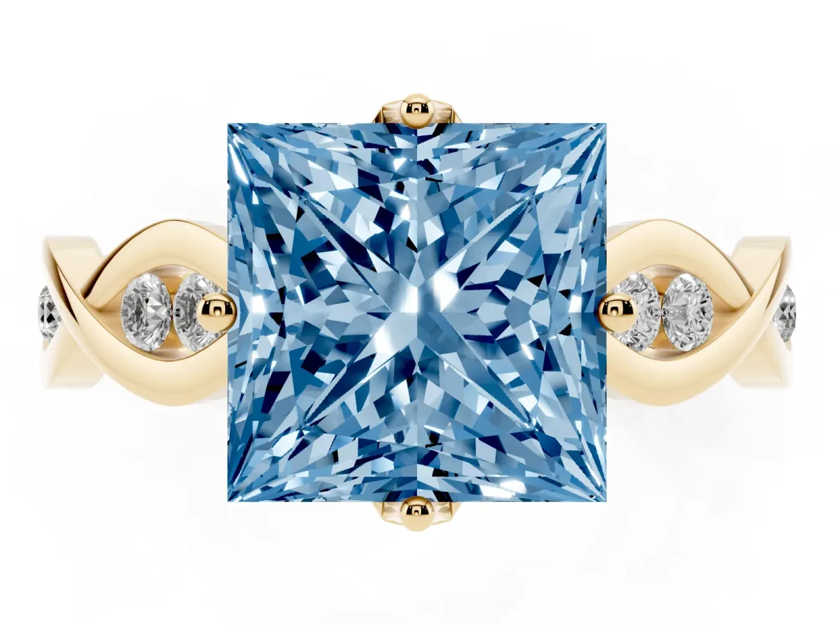 Fancy Blue Princess Cut Solitaire Twist Band with Leaf Prong Setting Yellow gold