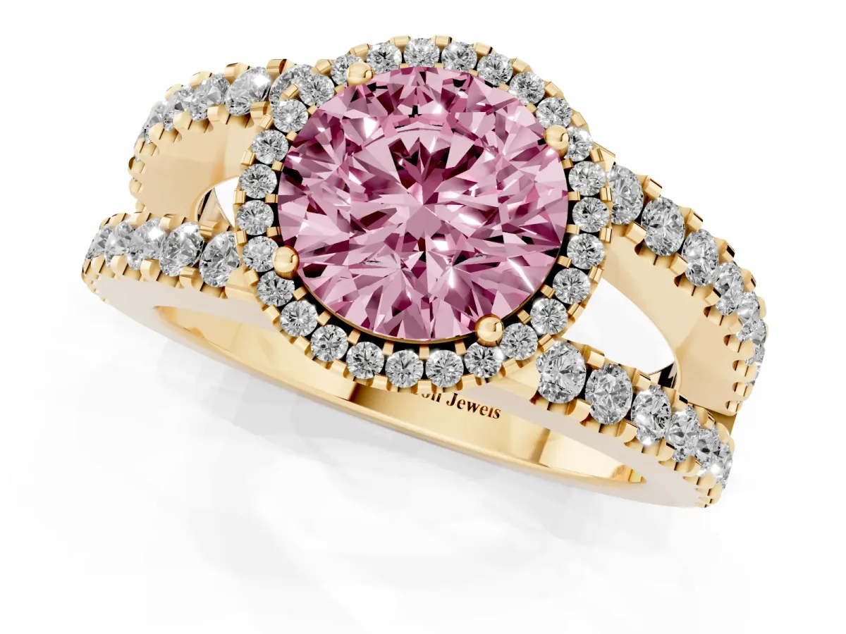 Fancy Pink Round Cut Cut Halo Split Shank Diamond Ring with Four-Prong Setting Yellow gold