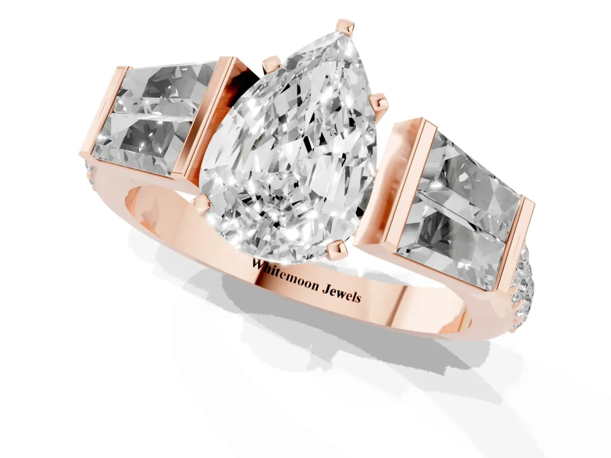 Pear Cut Diamond Engagement Ring with Baguette Side Stones and Channel Set Band Rose gold