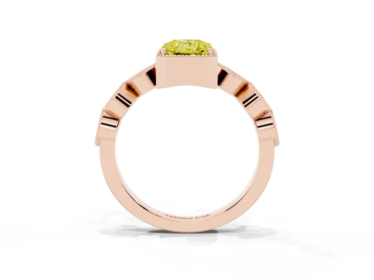 Fancy Yellow Radiant Cut Diamond Vintage Milgrain Ring with Round Stations Rose gold