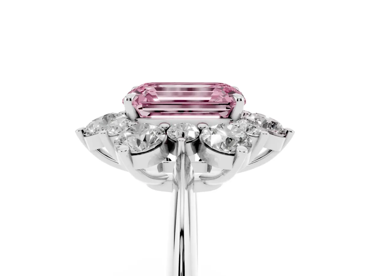 Fancy Pink Emerald Cut Diamond Cluster Halo Ring with Solitaire Band and Four-Prong Setting White gold