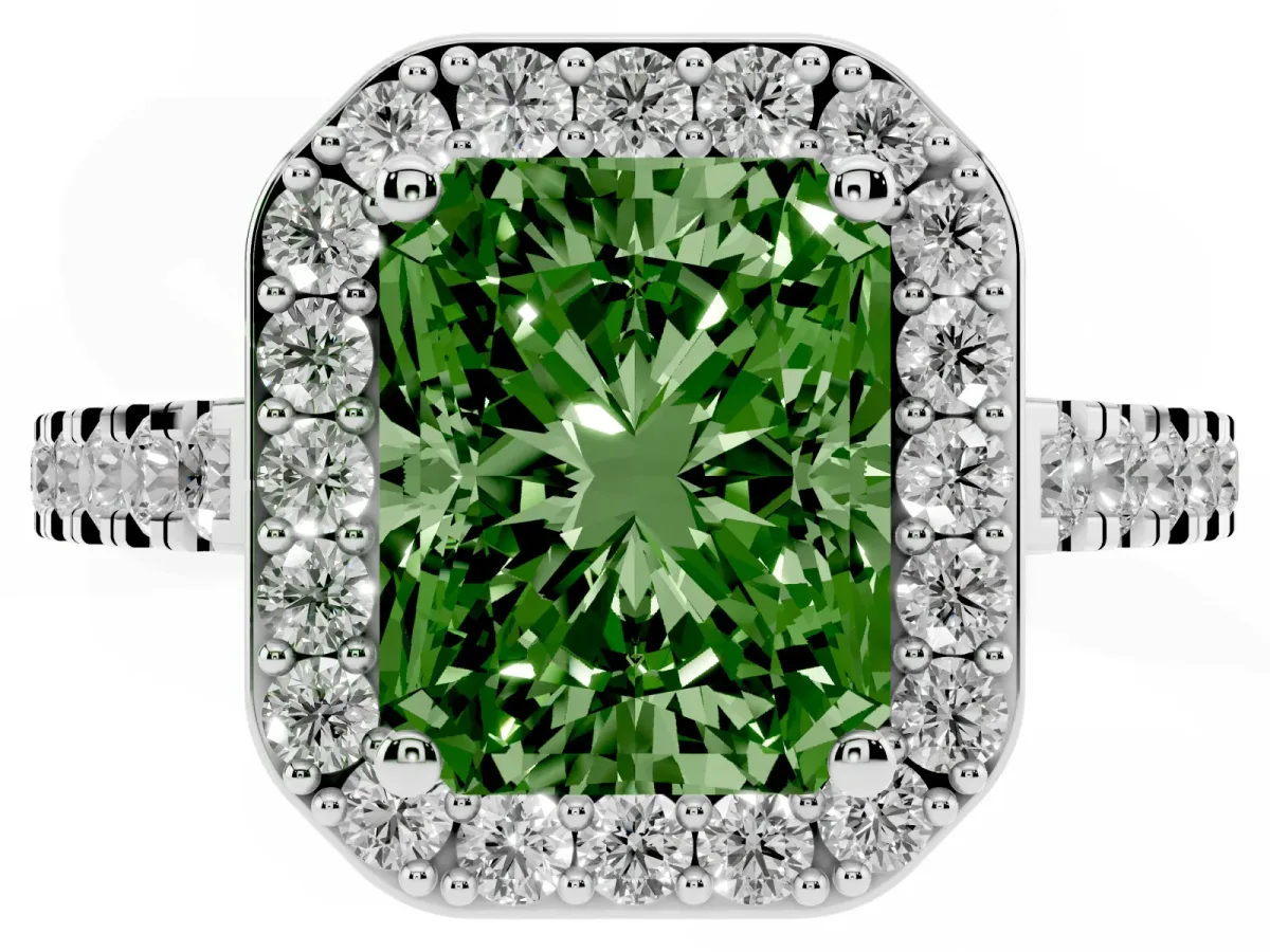 Fancy Green Radiant Cut Diamond Halo Ring with Round Pavé Split Shank and Prong Setting Silver